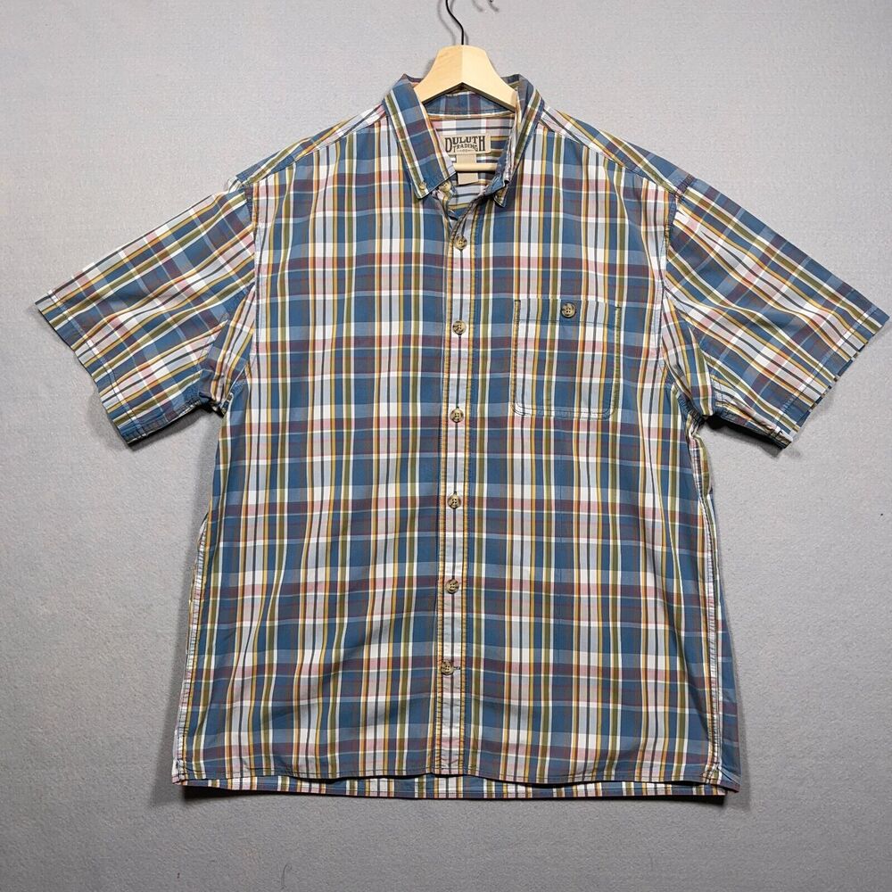Duluth Trading Co Shirt Men Large Regular Fit Blue Yellow Plaid Cotton Workwear